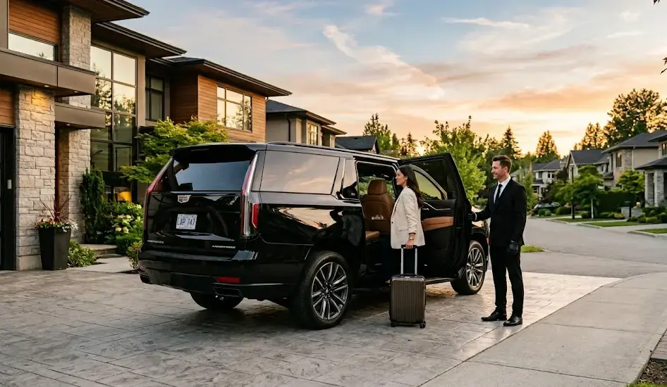 Black luxury airport limo parked in Scarborough for Pearson Airport transfer service.